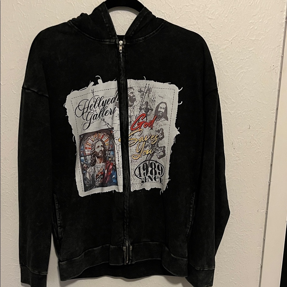 Black Graphic Zip-Up Hoodie